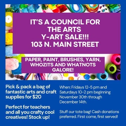 yART sale at CFTA
Downtown Business Council of Chambersburg's Cocoa Crawl - Friday 12-8
Brussel's Cafe's Christmas Market - Saturday 10-2
Until December 14th or we run out of stuff!
Pick &amp; pack a bag of fantastic art supplies for $20 donation
Per