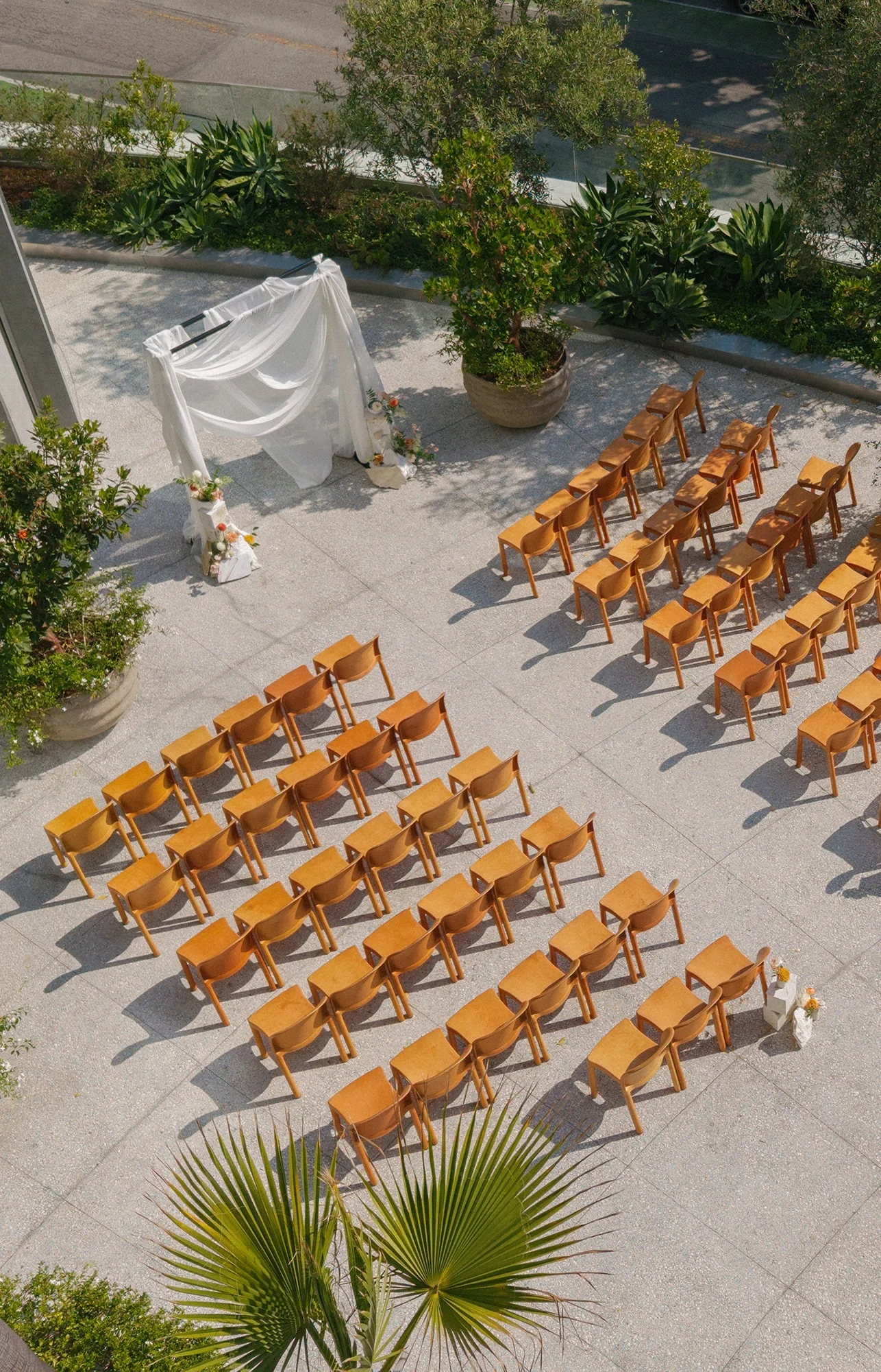 Empty chairs set up outdoors on a concrete patio with a wedding arch decorated with white fabric and flowers, surrounded by large potted plants and green bushes.