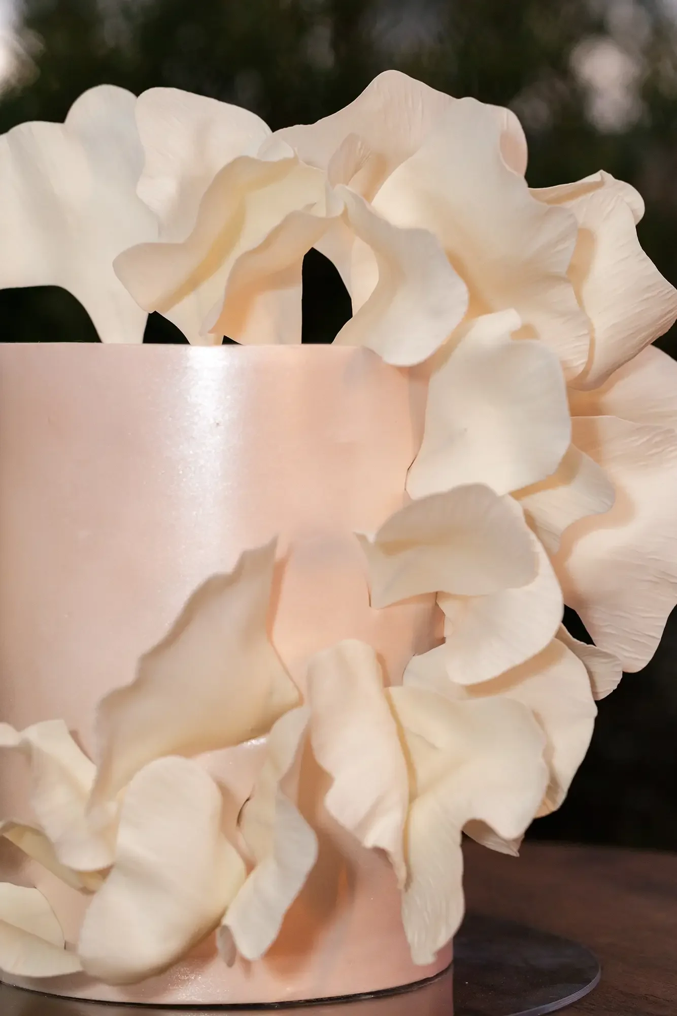 Close-up of a pale pink wedding cake.