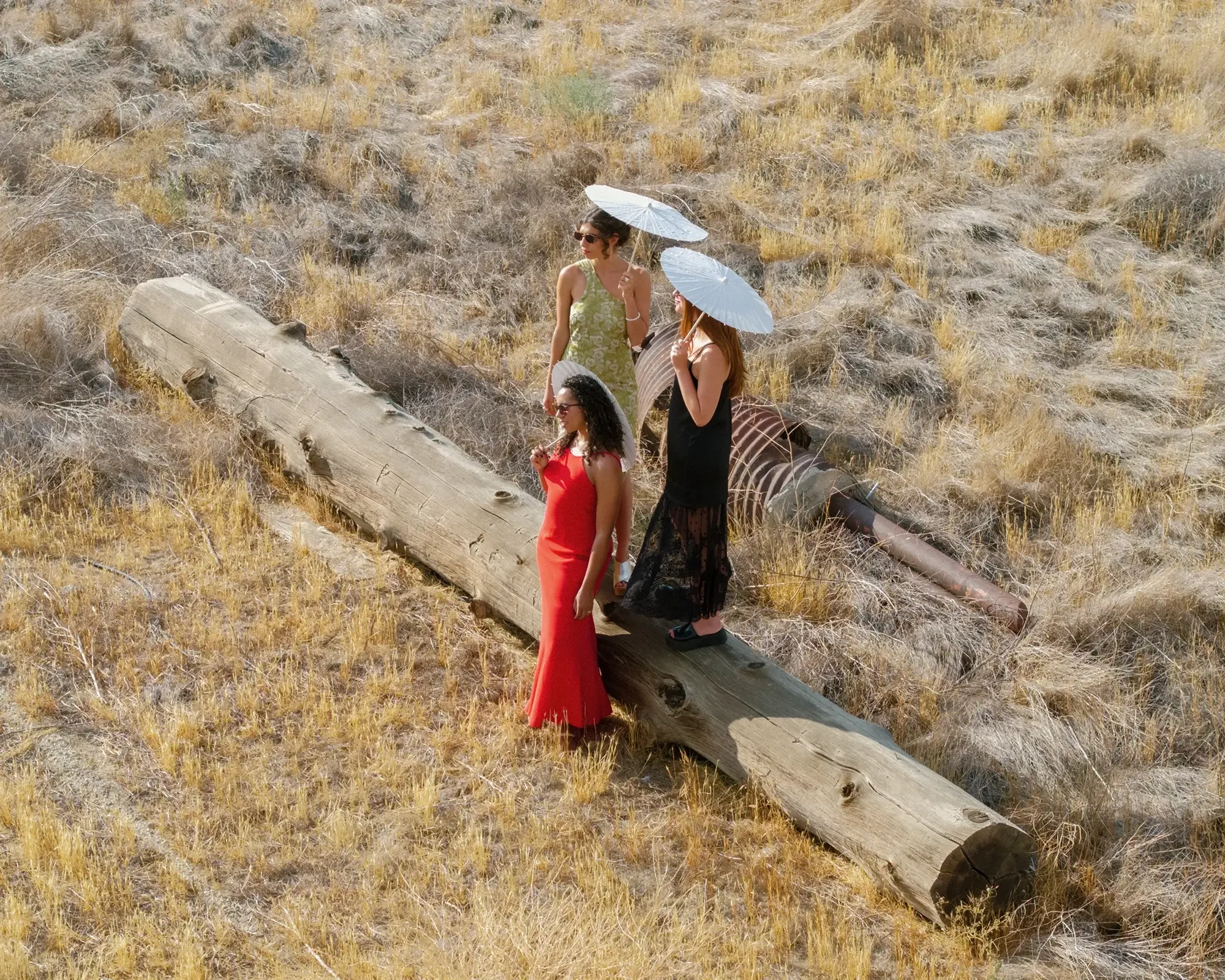 Three women in dresses holding umbrellas walking on a fallen large log amid dry grass in a field.