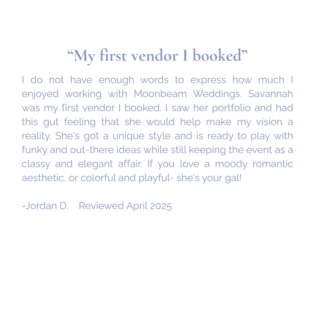 Testimonial praising Moonbeam Weddings with a quote and review date.