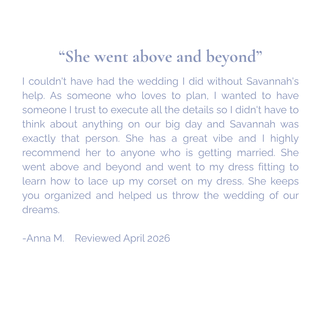 A heartfelt review about a wedding planner named Savannah. The reviewer praises her organizing skills, positive vibe, and help with wedding details, especially dress fitting.