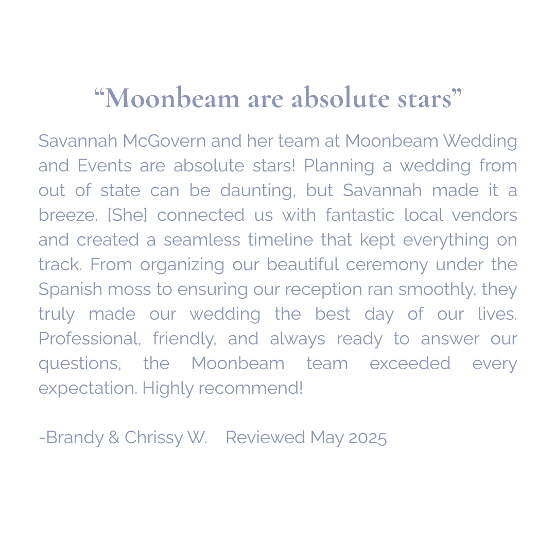 Testimonial quote about Savannah McGovern and her team at Moonbeam Wedding and Events, praising their organization and professionalism for a wedding.