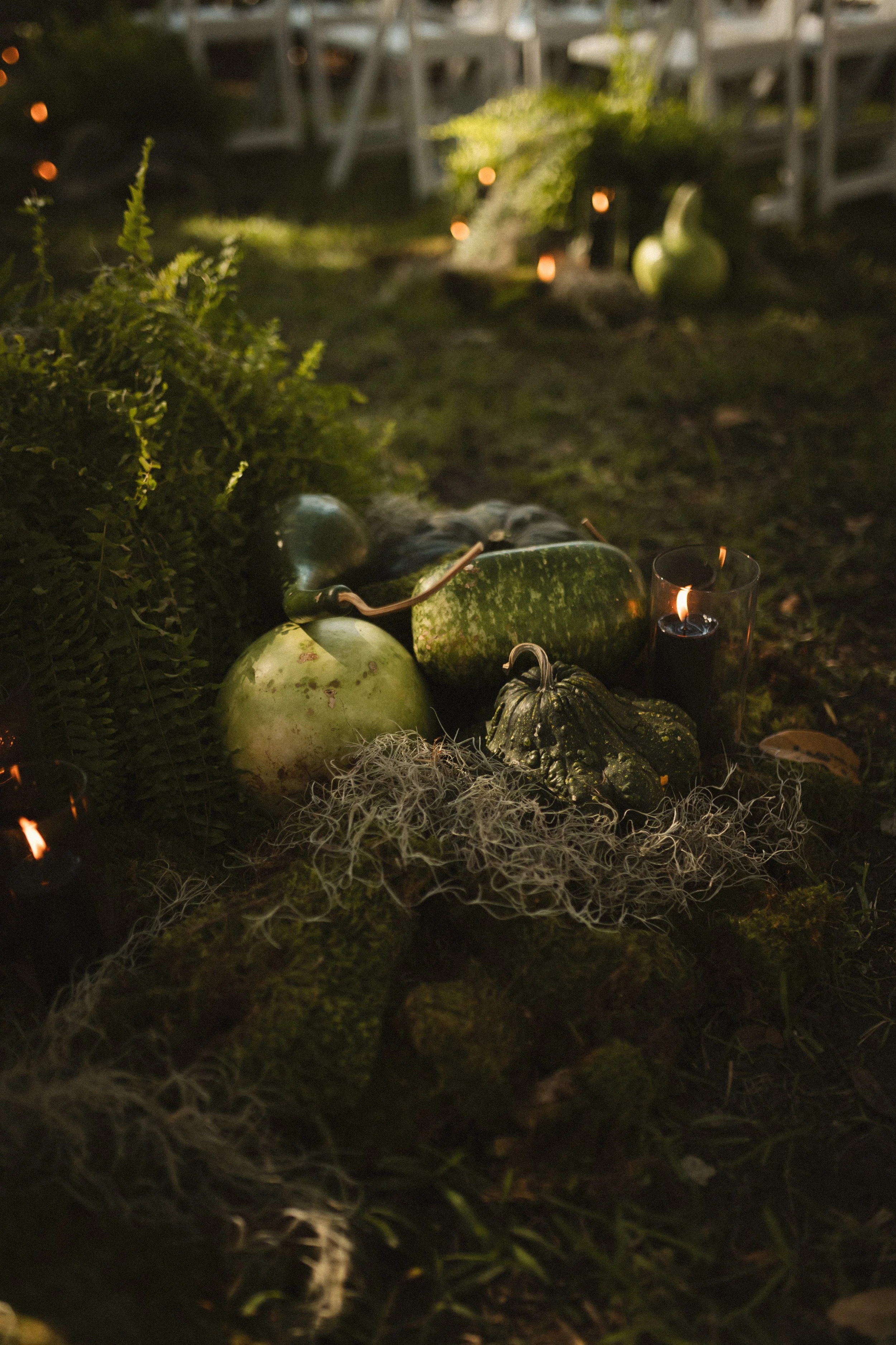 Dimly lit autumn garden display with pumpkins, gourds, moss, foliage, and glowing candles.
