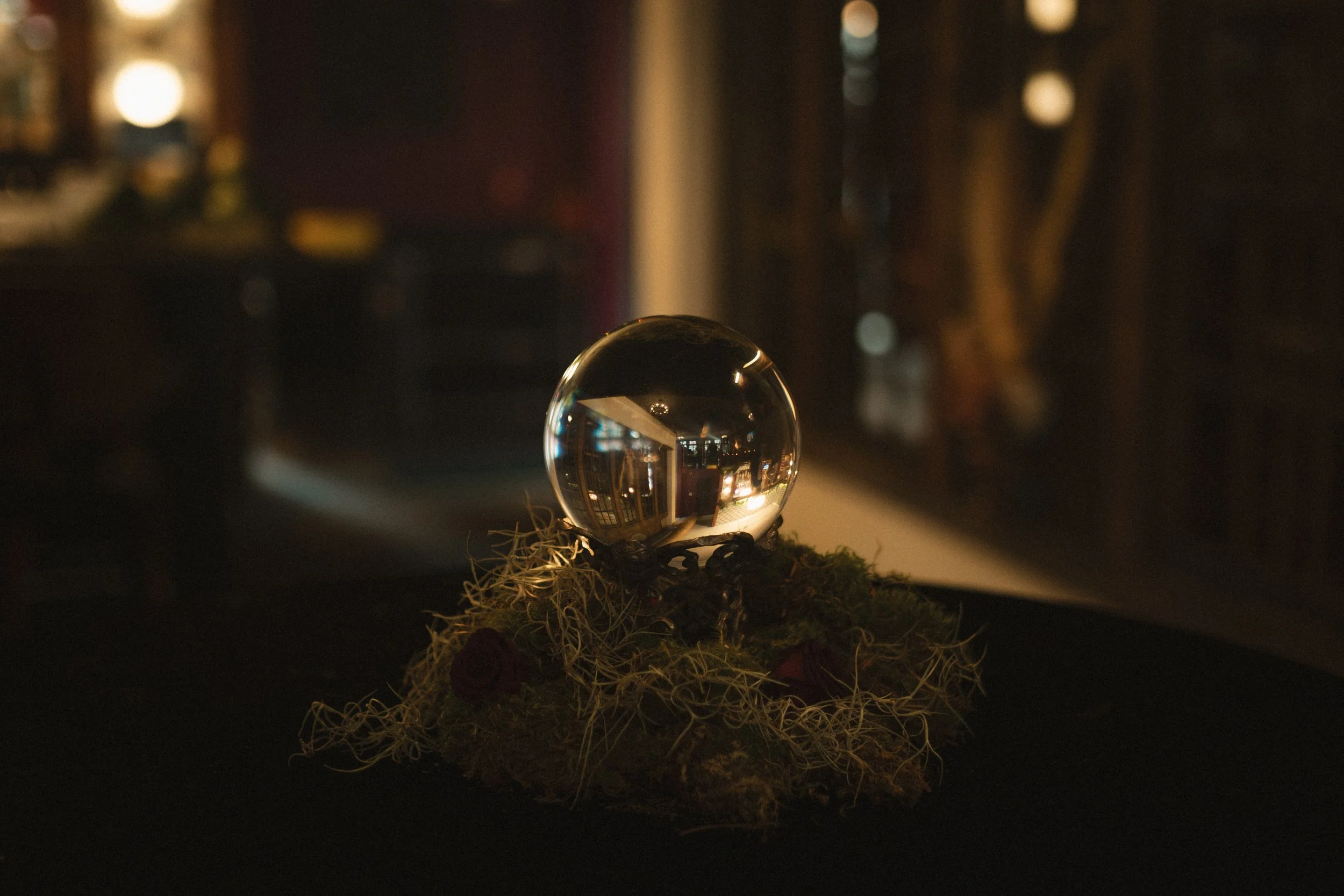 Crystal ball ornament on moss with warm, blurred lights in the background