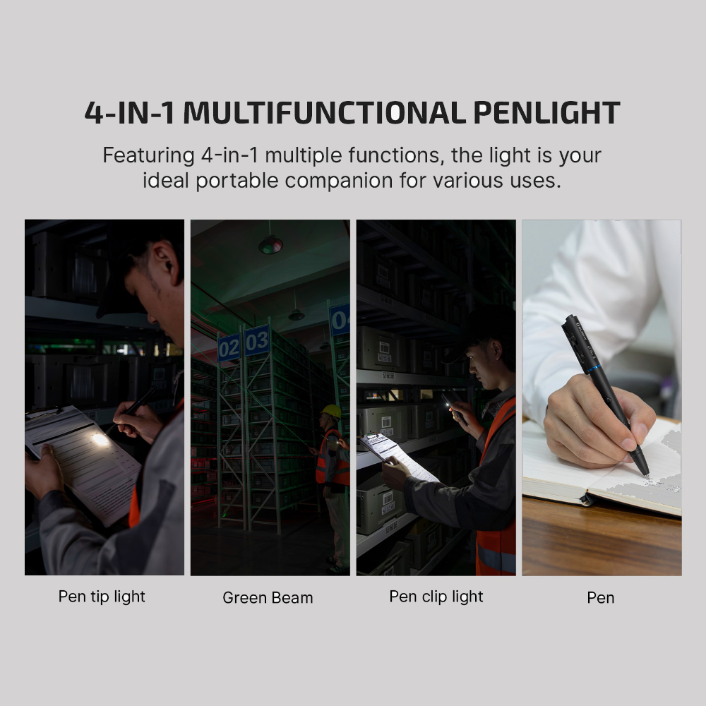 Olight O'Pen 3 4-in-1 penlight uses: tip light, green laser, clip light and pen