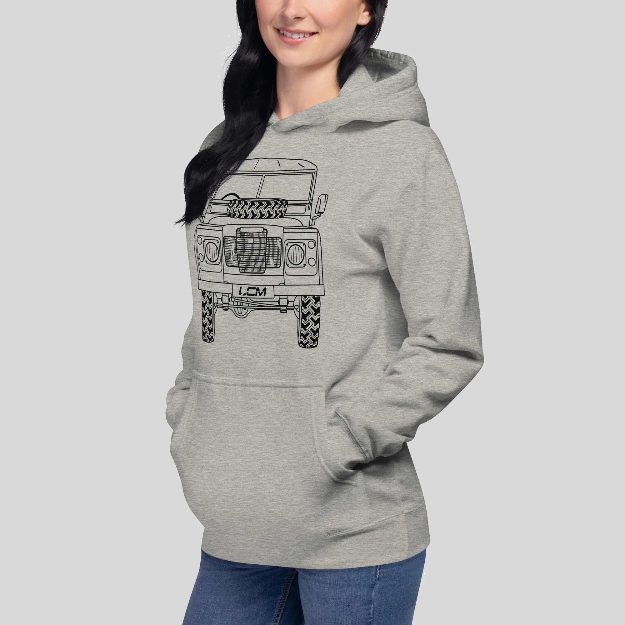 Land Rover Series Hand Drawn hoodie being worn – Carbon Grey