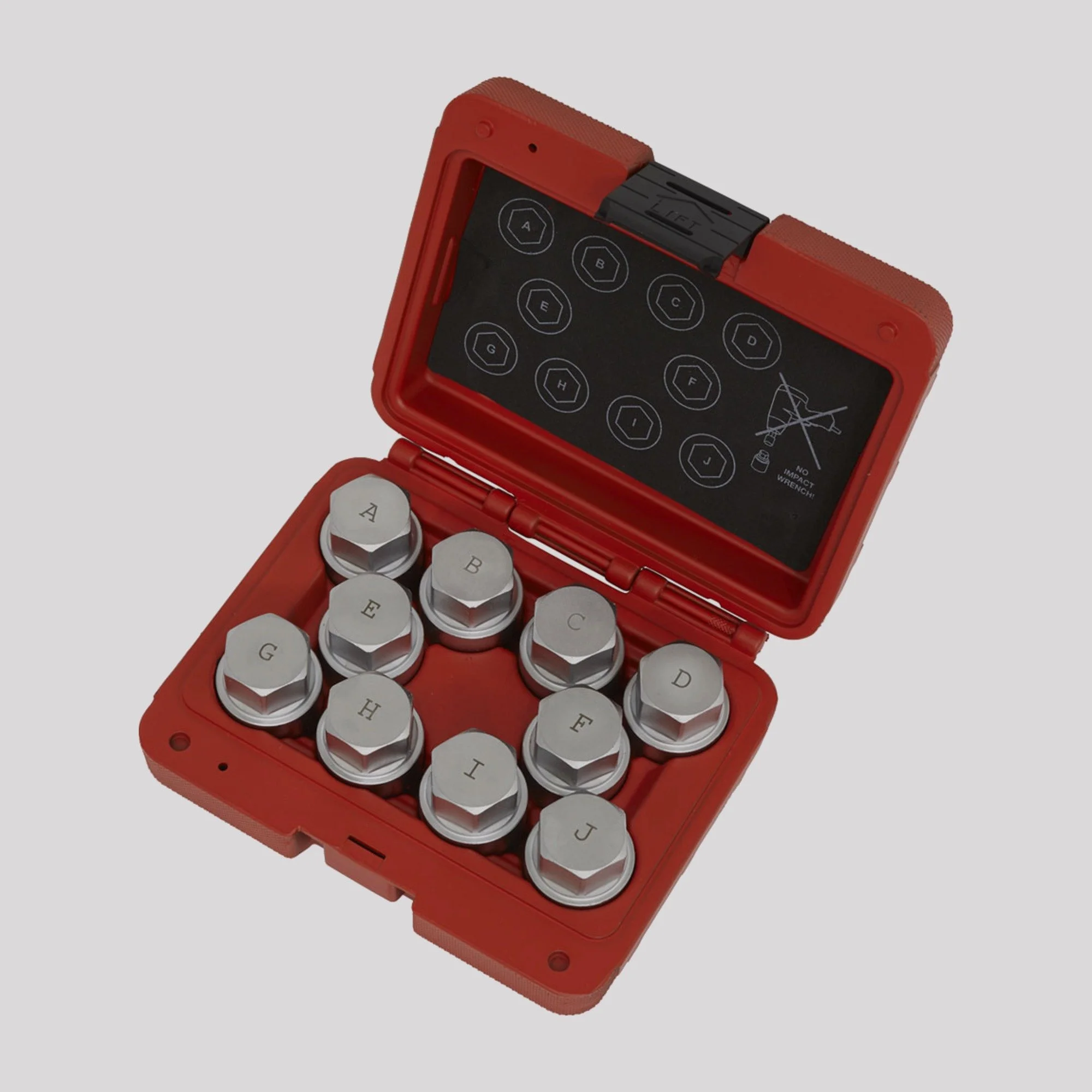 Sealey SX222 locking wheel nut keys A to J in moulded case