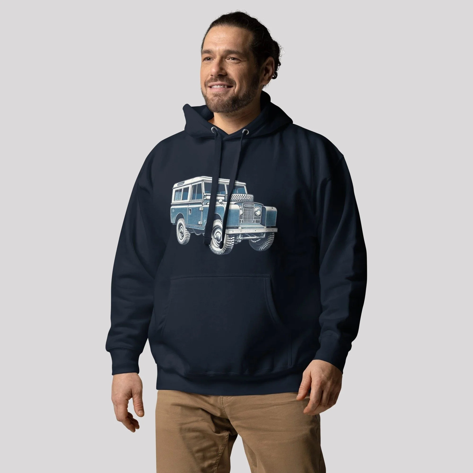 Land Rover Classic Series hoodie being worn – Navy Blazer