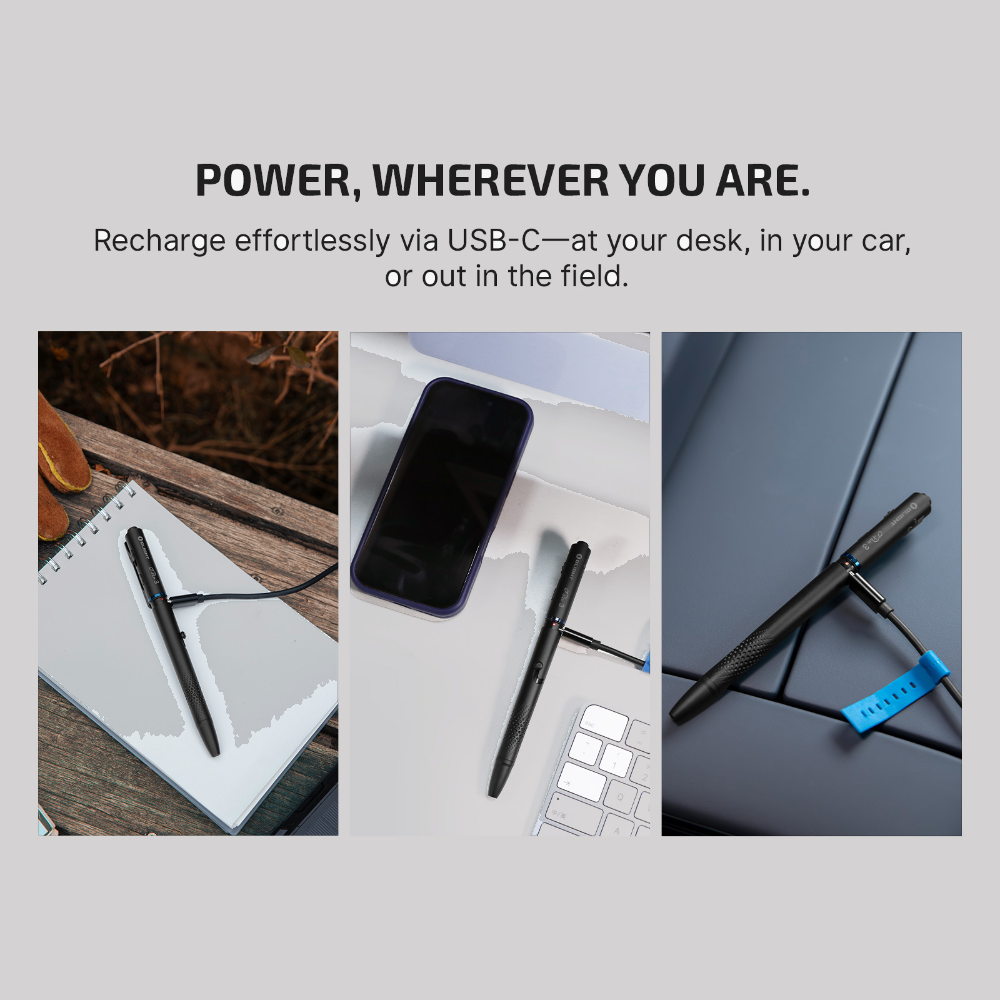 Olight O'Pen 3 USB-C charging at the desk, in the car or outdoors