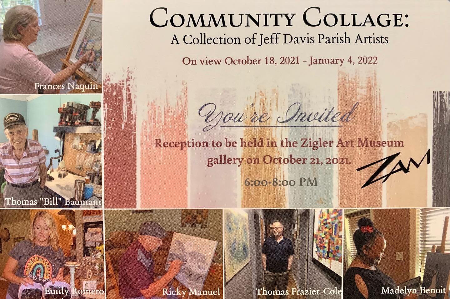 ✨You&rsquo;re invited!✨ Join us in celebrating 6 local artists whose creativity and talent shape our vibrant community. Reception TONIGHT at 6PM! 🎨🖌 #jeffdavisparish #onlylouisiana #ziglerartmuseum #communitycollage