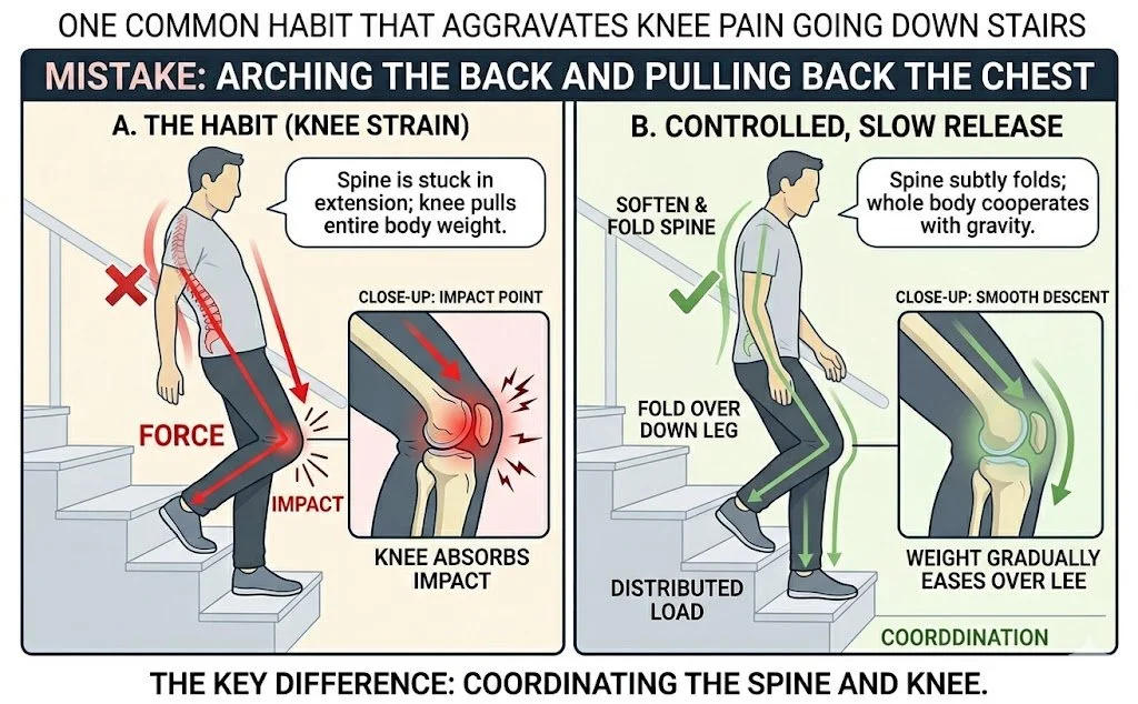 Educational graphic showing one common mistake causing knee pain coming downstairs and how to gain natural knee pain relief