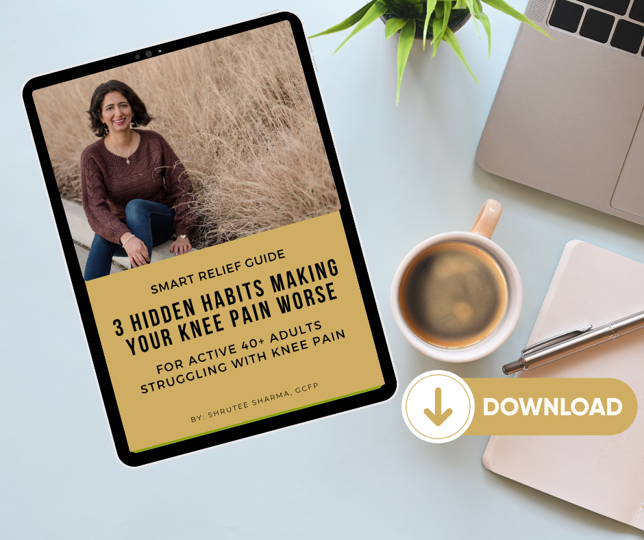 "Shrutee Sharma, Feldenkrais practitioner, on the cover of her 'Natural Pain Relief Guide: 3 Hidden Habits Making Your Knee Pain Worse' for active adults over 40."