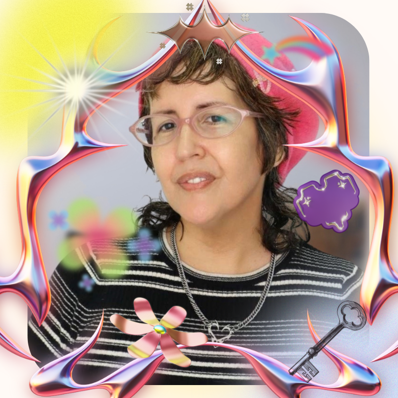 A woman with glasses and a pink hat, smiling, surrounded by colorful, magical, and cartoonish effects.
