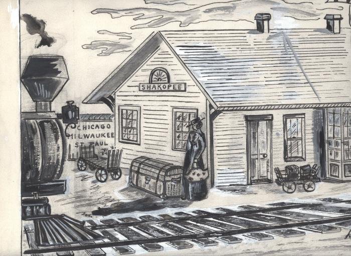 A drawing of the Union Depot in Shakopee by Lorraine Coller