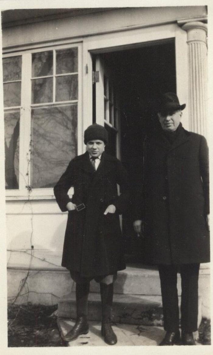 Jac Coller and his father outside of the family home in Winter (1924)