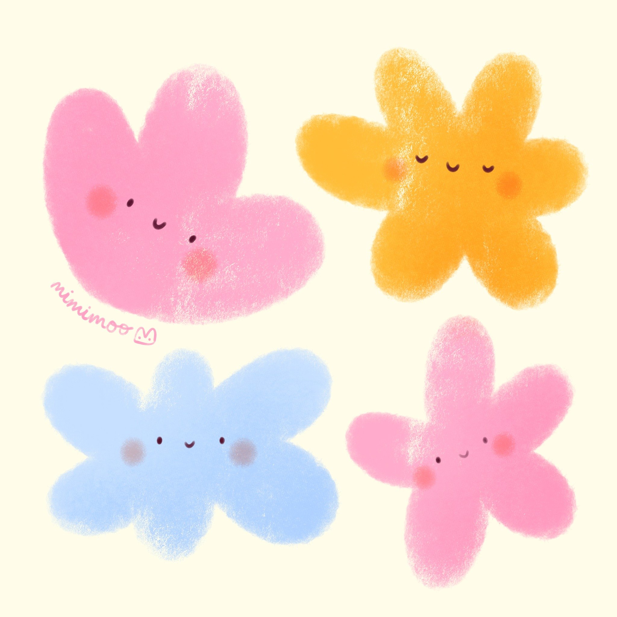 A few happy faces for the weekend 🌷 I think I'm most like the yellow one 😊

Drawn in Procreate with just three brushes (from my brush packs):
🌷 Grainy Pencil for the flower shapes
🌷 Marker Pen for the face details
🌷 Soft Crayon for the cheeks an