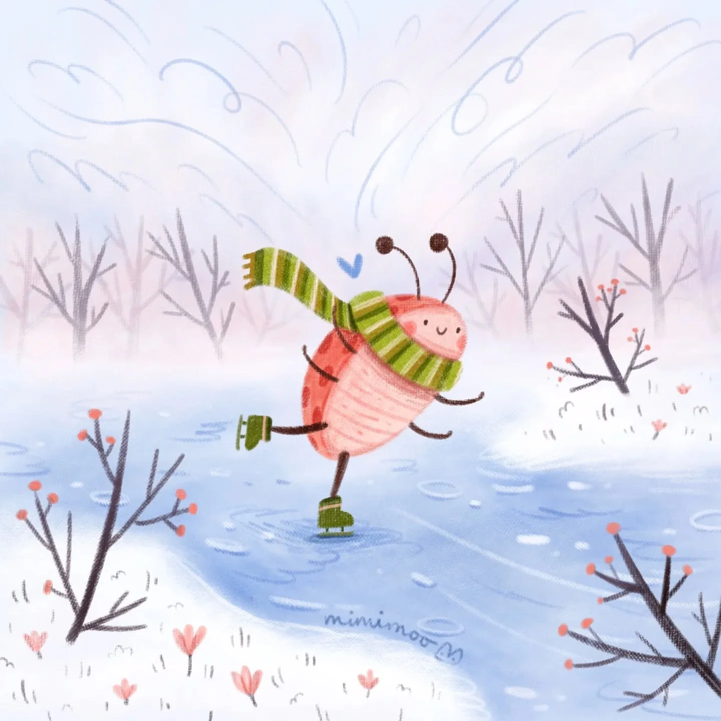 I'm not 100% sure what beetles do in the winter but I like to think that they enjoy ice skating on puddles with their tiny scarves on ❄️

I drew this sweet illustration in Procreate with just 3 brushes (from my brush packs):
❄️ Chunky Canvas Blender 
