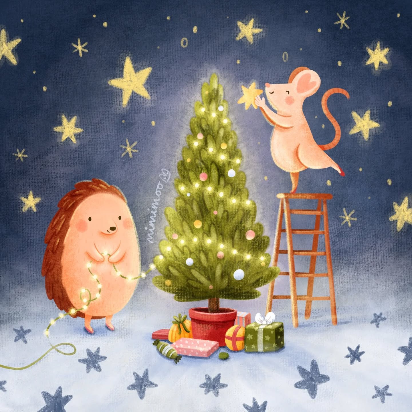 Got a little carried away making some tweaks to an old illustration (swipe to see the previous version) - it's sooo fun to make everything glowy 🎄✨

AND I'm very excited about December because my Arty Advent Calendar starts tomorrow! 12 digital art 