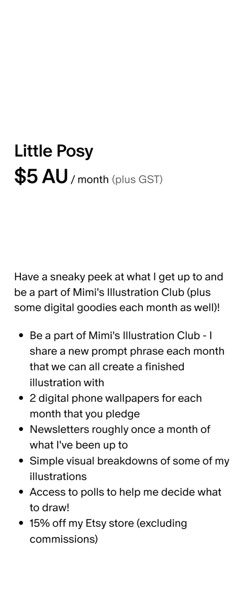 Advertisement for Little Posy subscription at $5 AU per month with GST, promoting participation in Mimi's Illustration Club with benefits including a weekly prompt, digital wallpapers, newsletters, visual breakdowns, polls, and a discount on Etsy store.