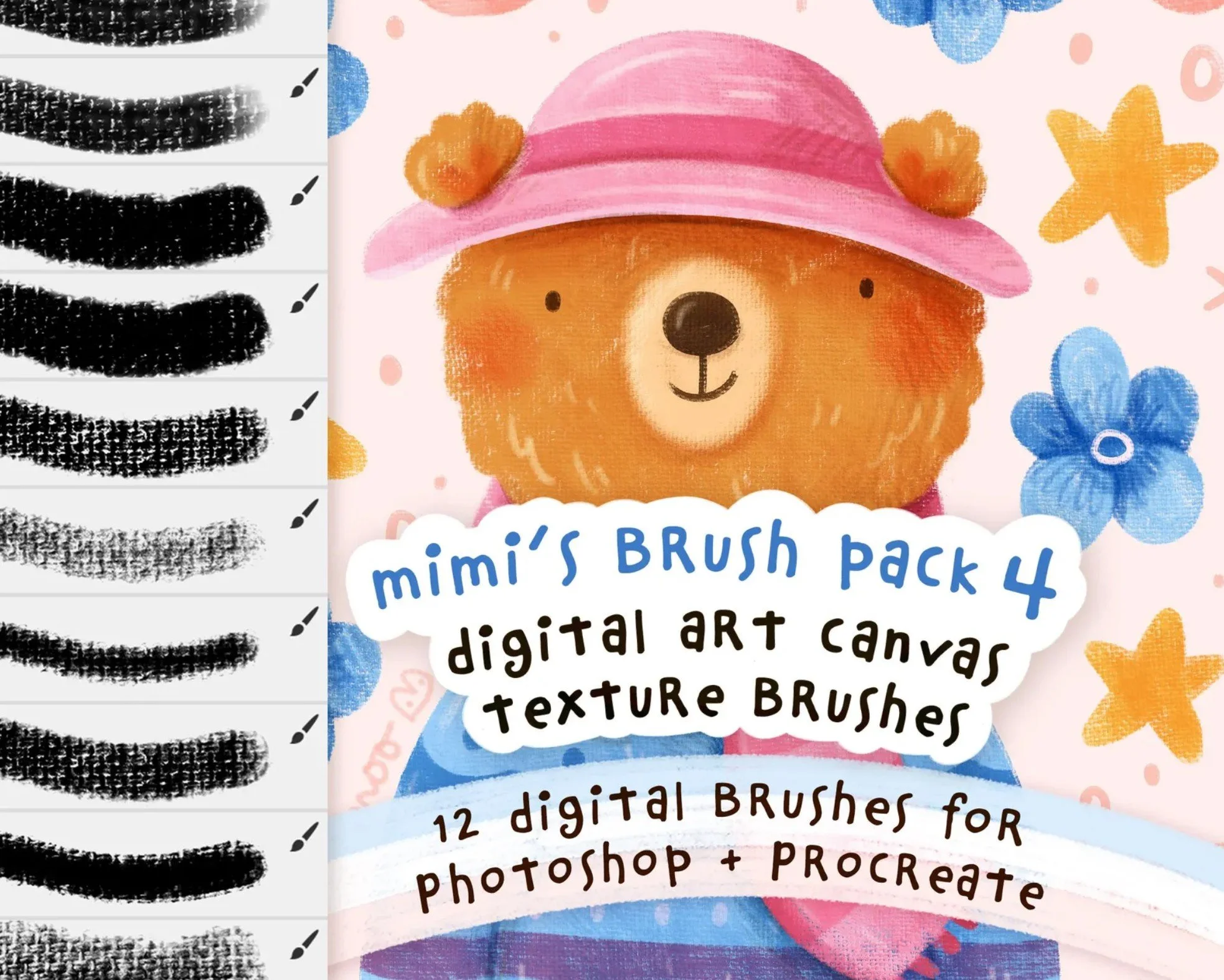 A colorful digital art illustration of a bear wearing a pink hat with orange pom-poms. The background has yellow and blue stars, pink dots, and blue flowers. Text on the image reads: "mimi's BRUSH pack 4 digital art canvas texture BRUSHES 12 digital brushes for photoshop + procreate."
