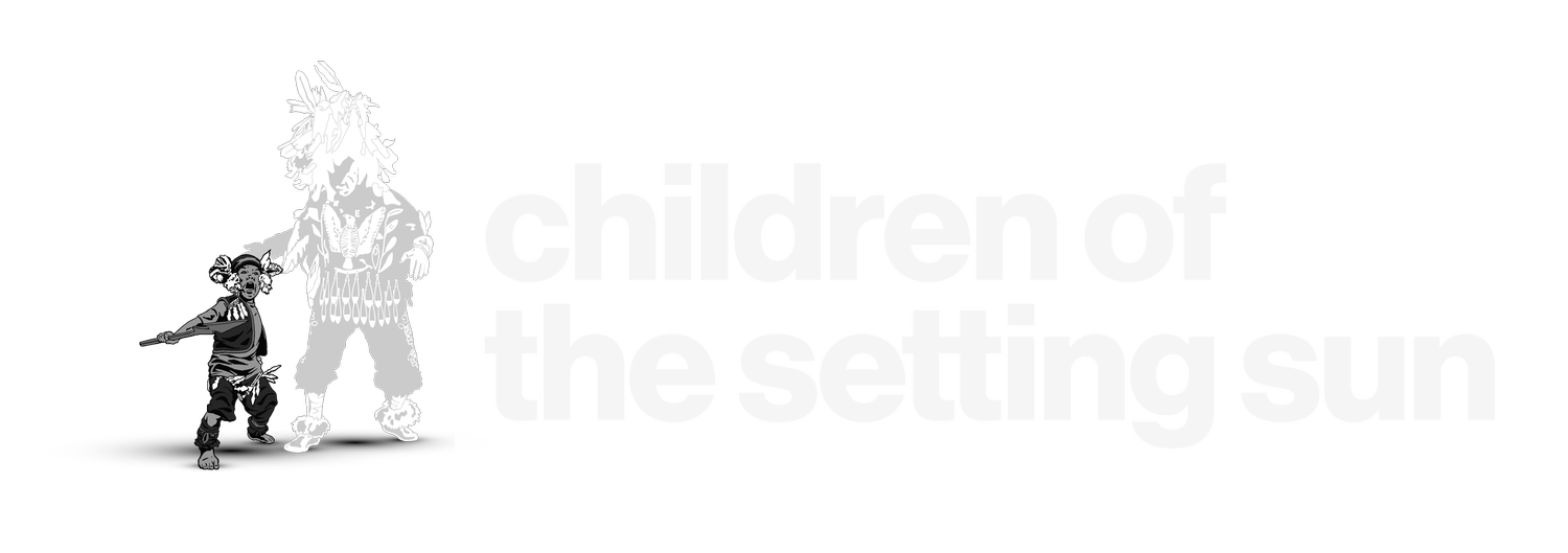 Silhouettes of two Indigenous people, one larger and one smaller, in traditional clothing and accessories against a black background.