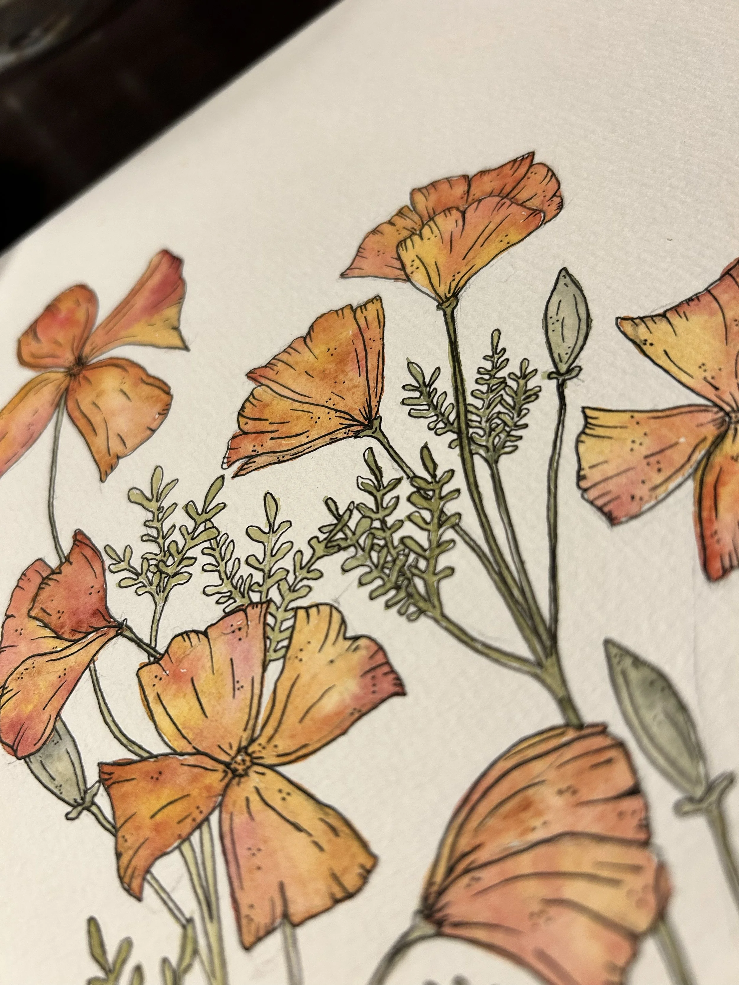 Illustration of orange and yellow flowers with green leaves on a white background.