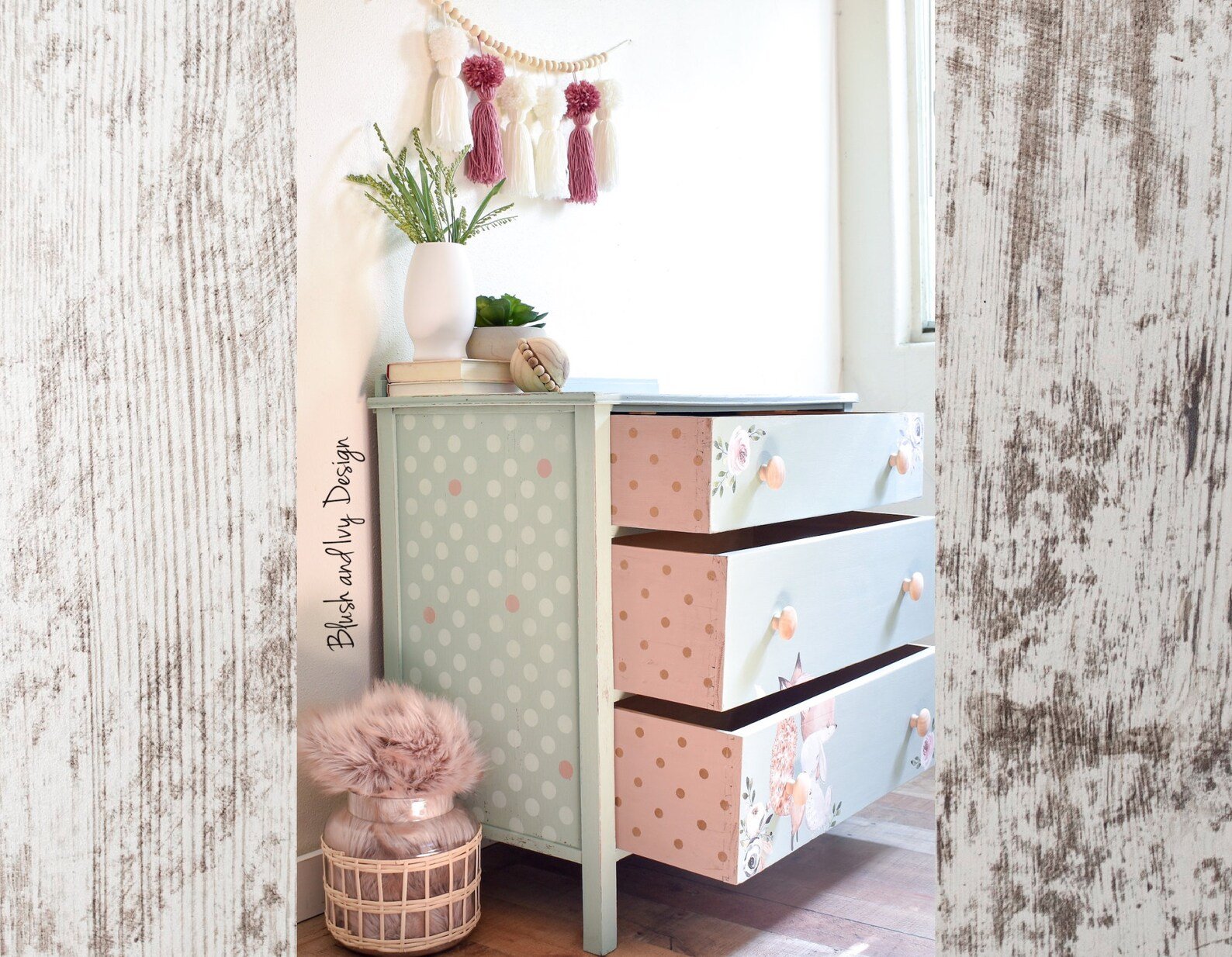 Furniture sample photo with large dot stencil