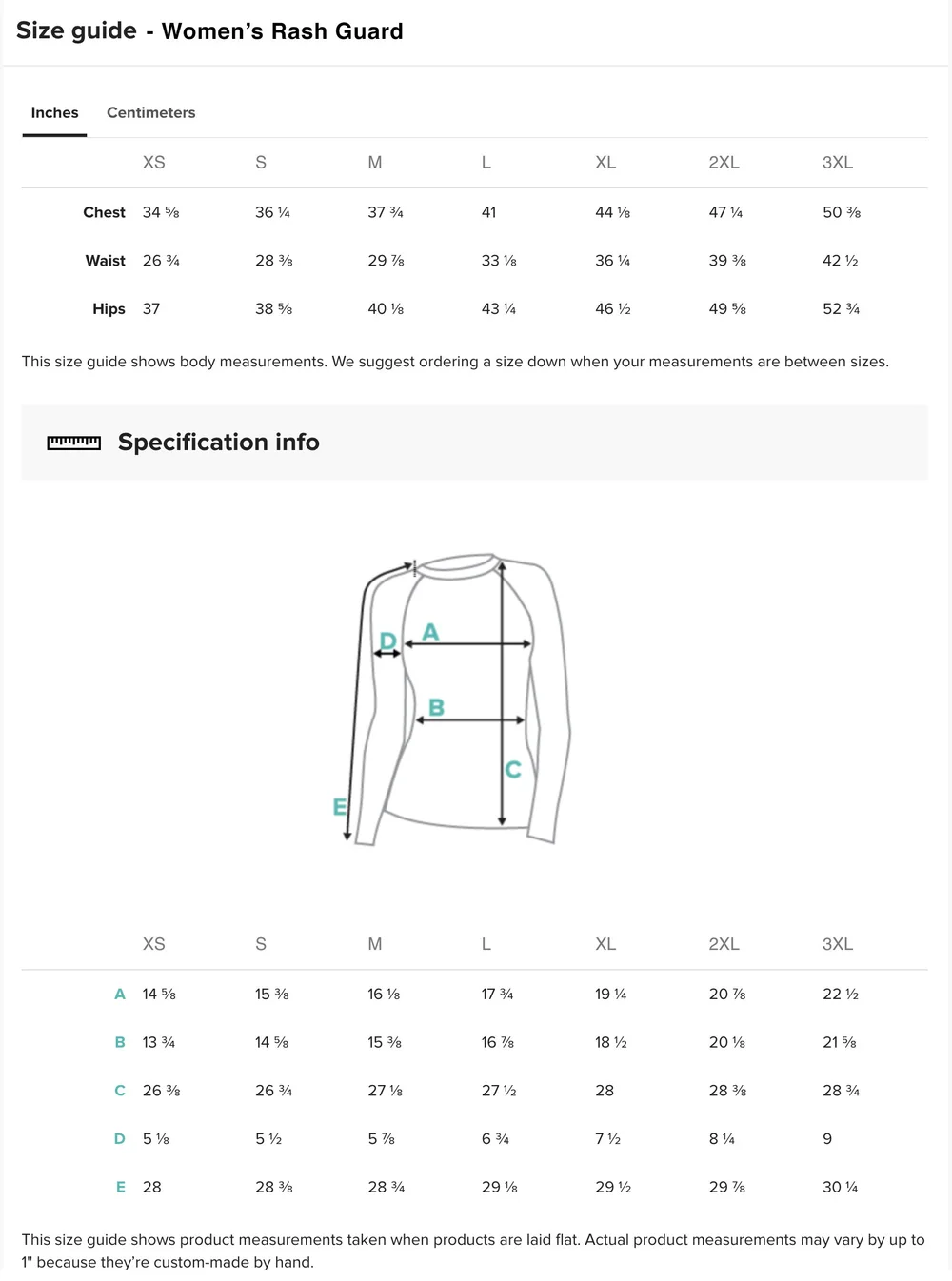 Size Guide - Womens Rash Guard — Designs by Shan