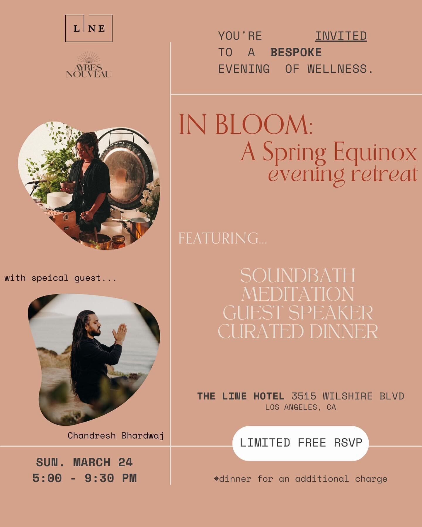 Your invitation 💌 IN BLOOM: A Spring Equinox Evening Retreat 

Join us for the next edition of our wellness series with @thelinehotel &bull; A transformative evening of sound healing, meditation, with special guest speaker @cbmeditates , and a commu