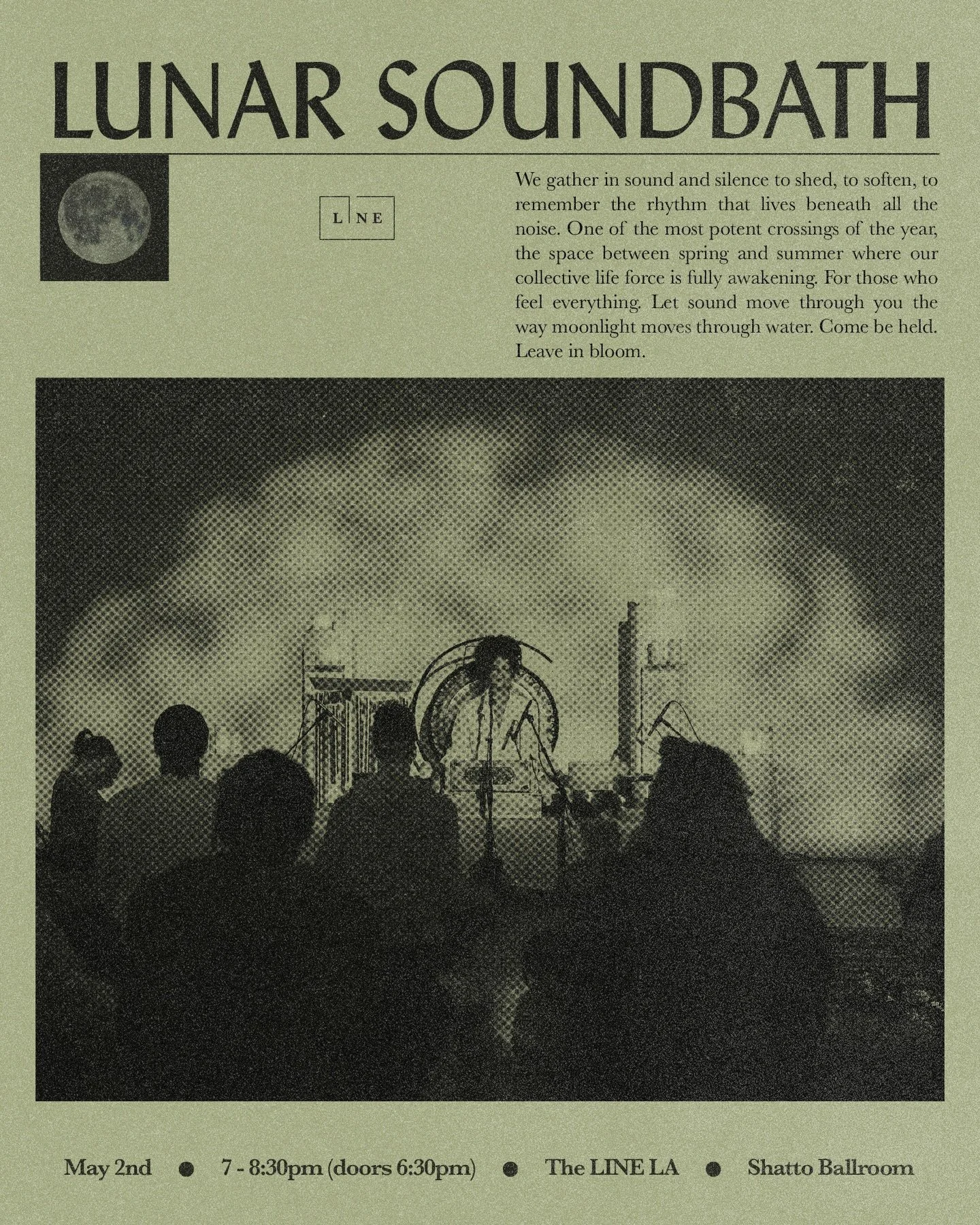 We gather in sound and silence to shed, to soften, to remember the rhythm that lives beneath all the noise.

Let sound move through you the way moonlight moves through water.

Come be held. Leave in bloom.

May 2nd. Los Angeles.

Link in bio to reser