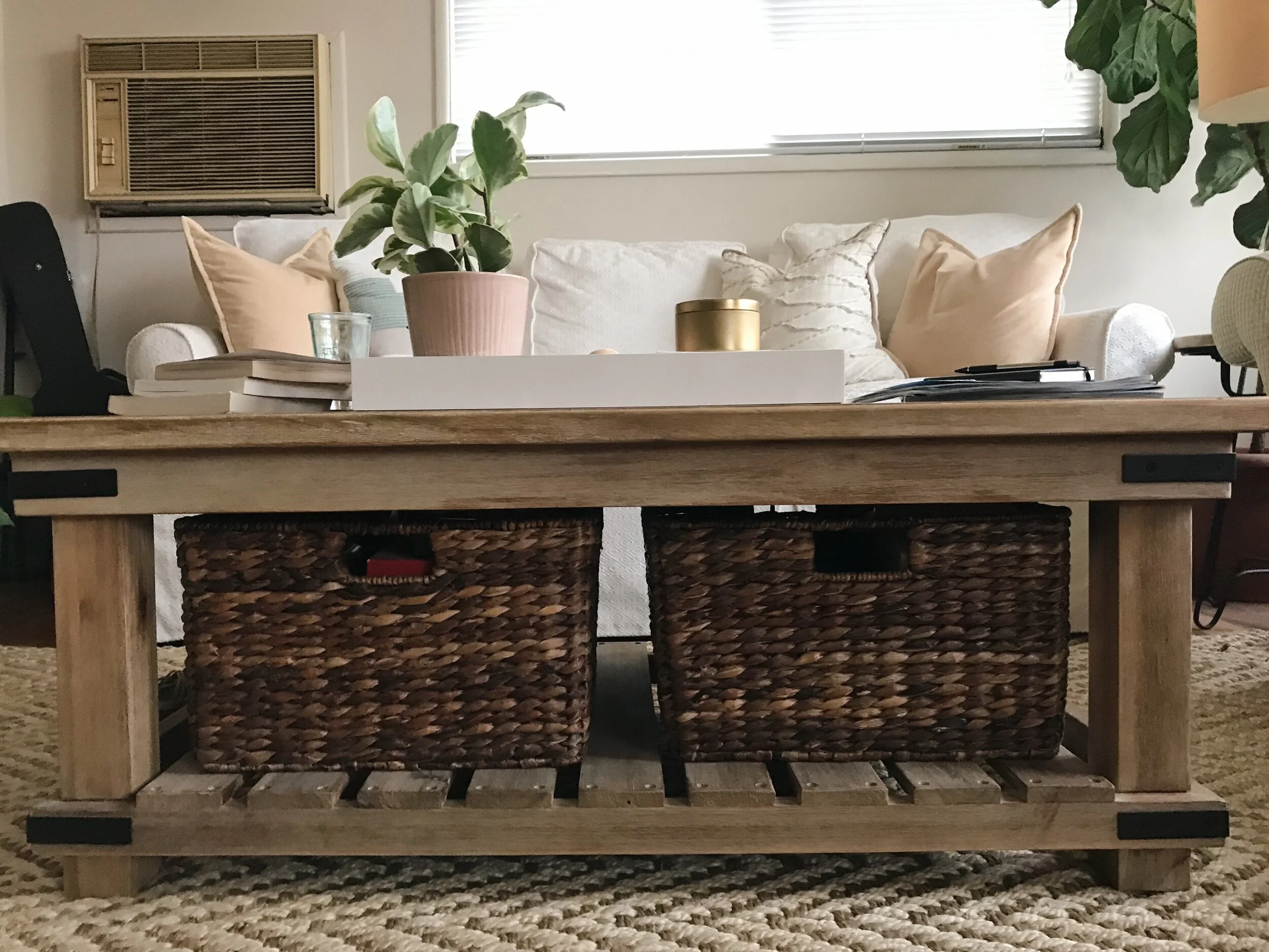 Coffee Table (old), Similar Here // Baskets // Rug
