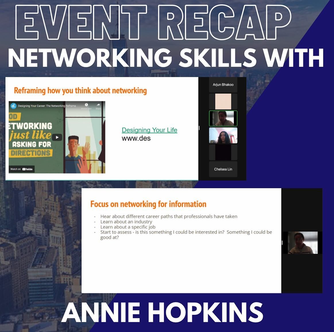 In &ldquo;Networking Skills with Annie Hopkins,&rdquo; on April 23rd, Ms. Hopkins discussed the importance of networking and why one should network. As a first step to networking, she encouraged members to create a LinkedIn profile. She recommended s