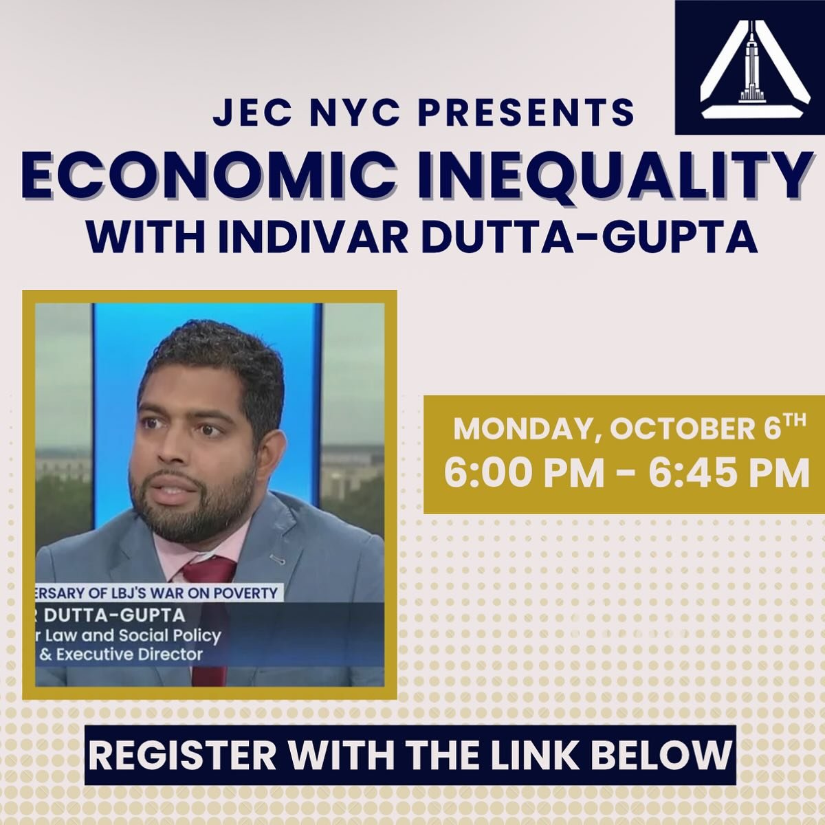 Join us for a conversation with Indivar Dutta-Gupta this Monday, October 6th. 

Register here:
https://www.universe.com/events/jec-speaker-event-economic-inequality-with-indivar-dutta-gupta-tickets-XVS2D3?ref=share-widget-buffer

#junioreconomicclub 
