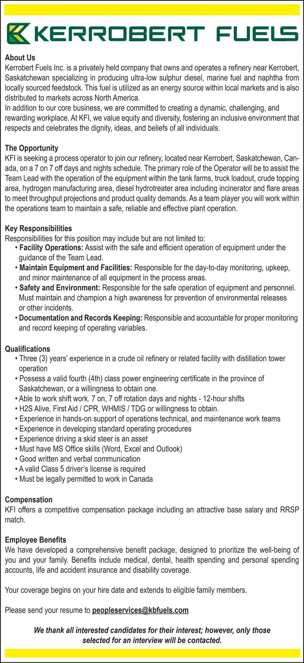 Kerrobert Fuels is seeking a process operator