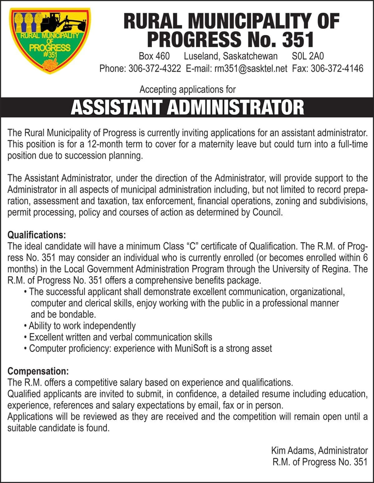 RURAL MUNICIPALITY OF PROGRESS No. 351 ASSISTANT ADMINISTRATOR