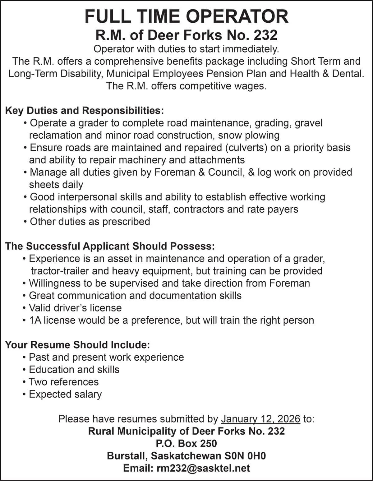 FULL TIME OPERATOR R.M. of Deer Forks No. 232