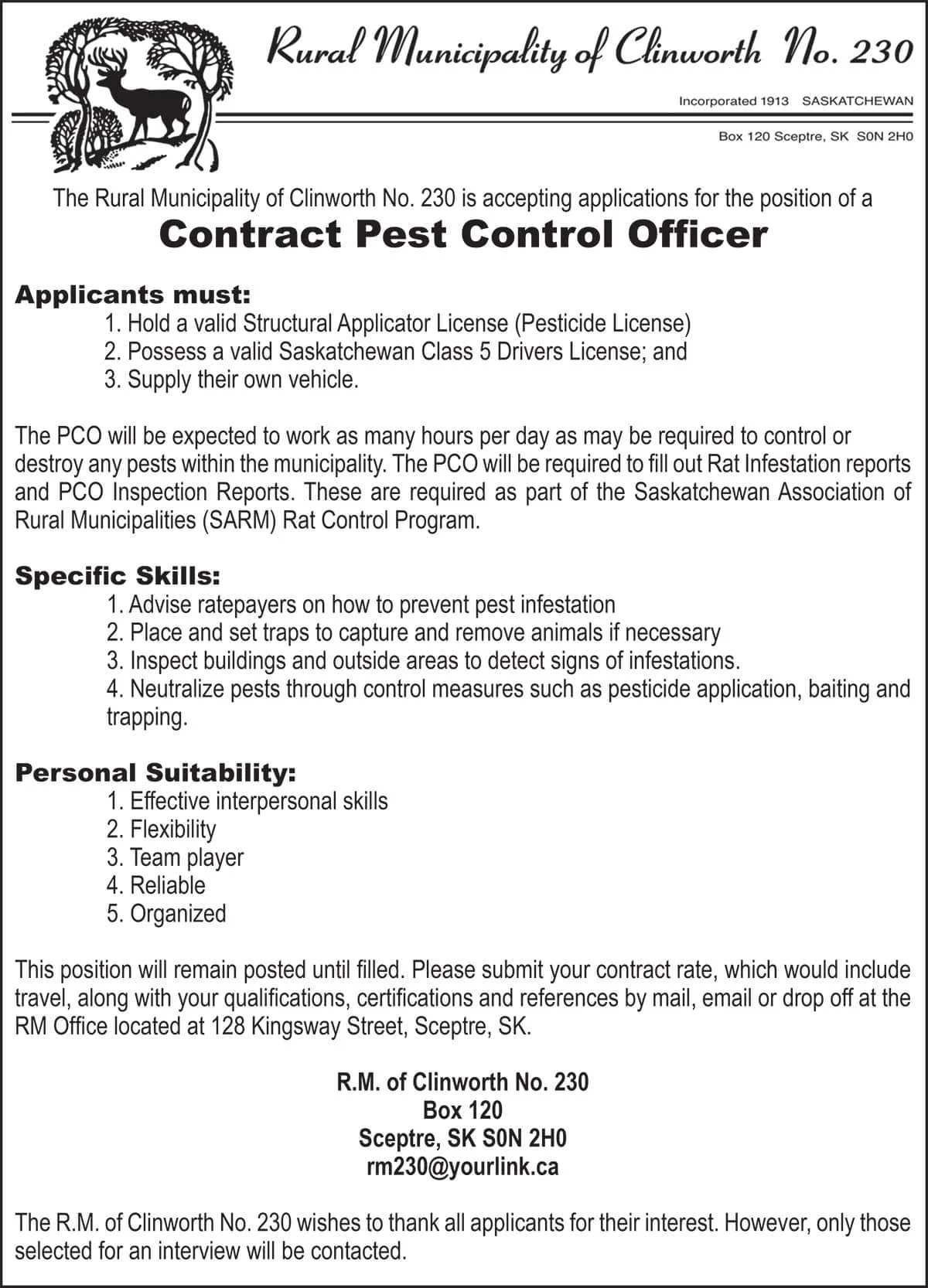 Rural Municipality of Clinworth No. 230 Pest Control Officer
