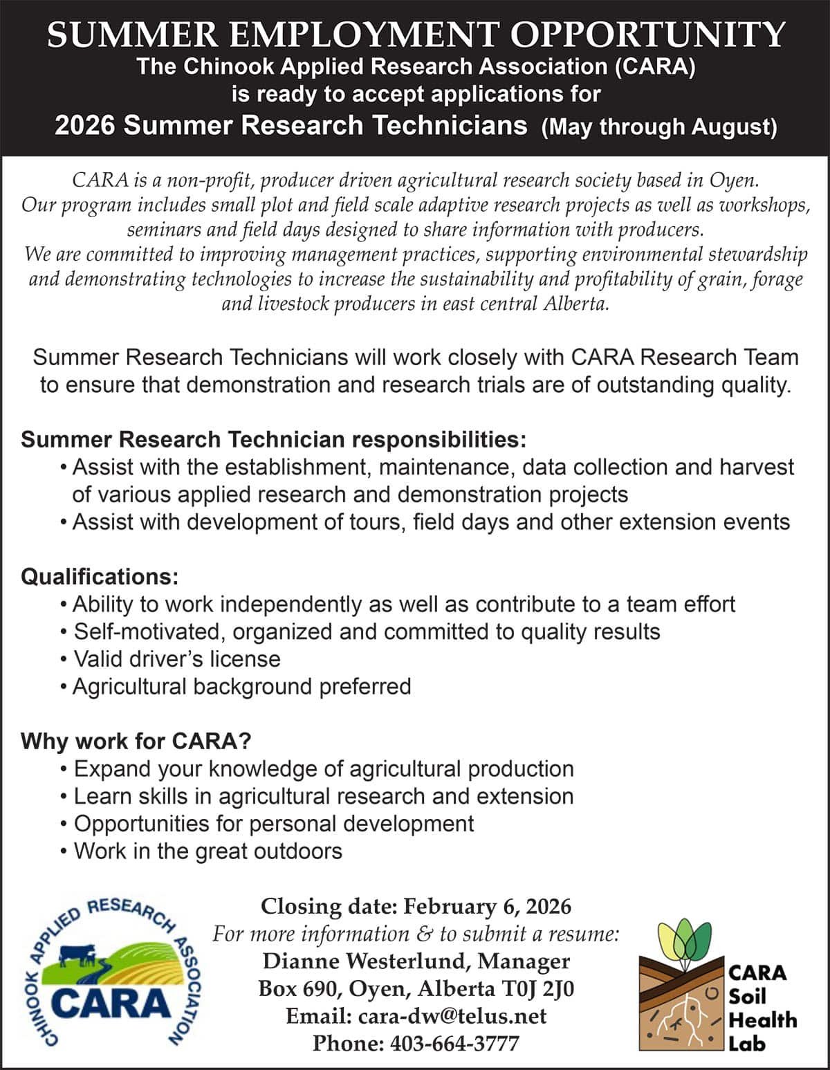 SUMMER EMPLOYMENT OPPORTUNITY Chinook Applied Research Association