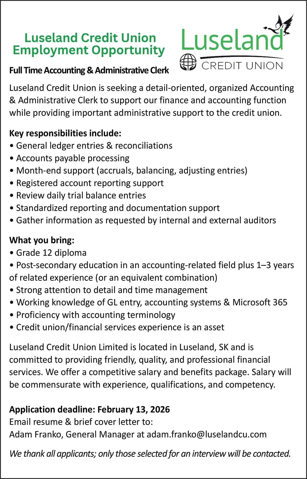 Luseland Credit Union Employment Opportunity