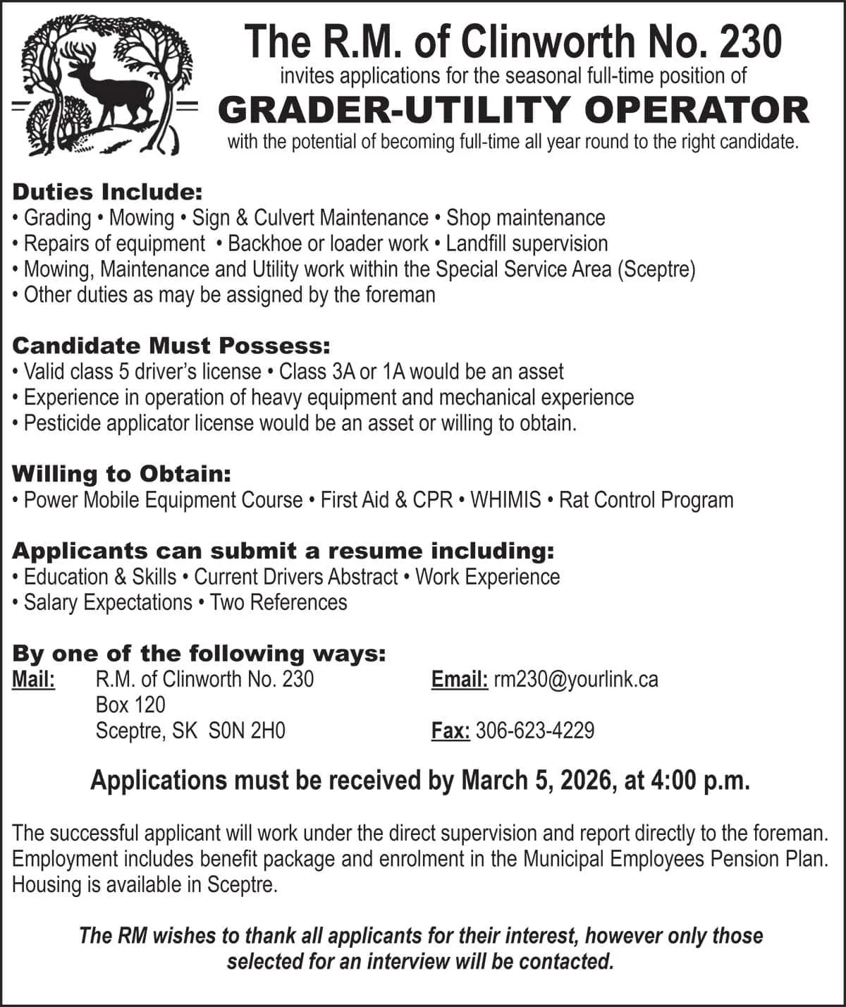 R.M. of Clinworth No. 230 GRADER-UTILITY OPERATOR