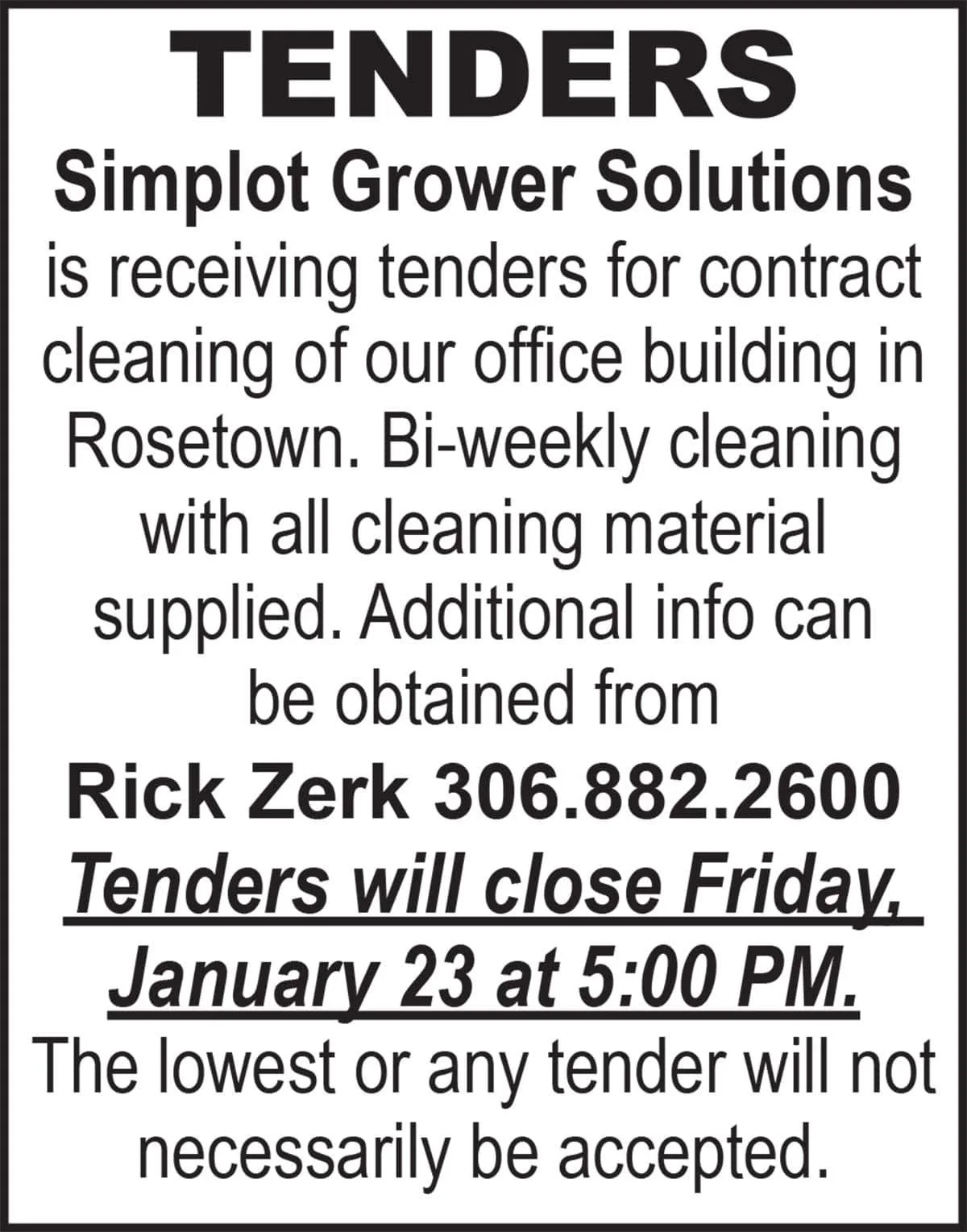 TENDERS: Simplot Grower Solutions Tender for Contract Cleaning