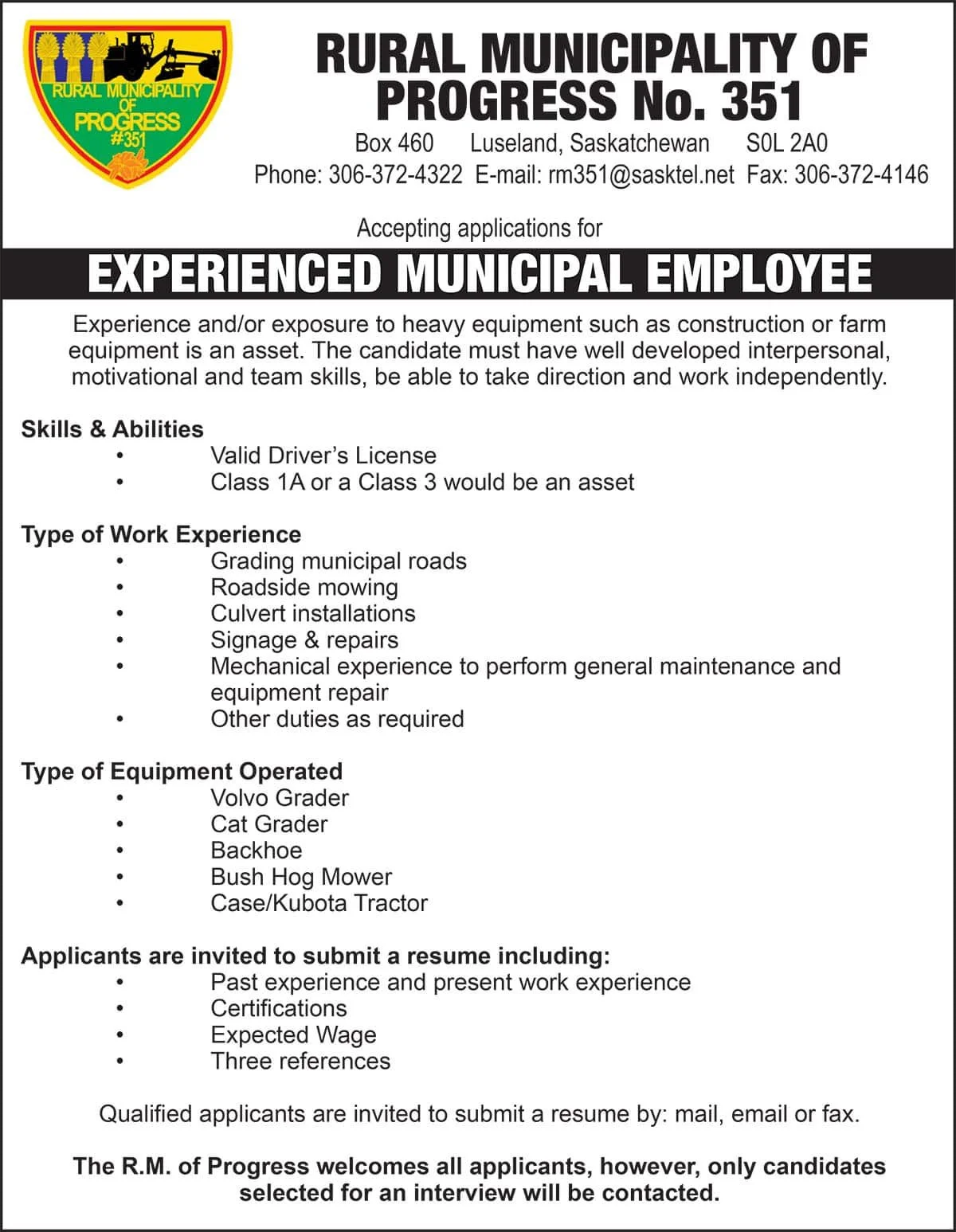 RURAL MUNICIPALITY OF PROGRESS No. 351 EXPERIENCED MUNICIPAL EMPLOYEE