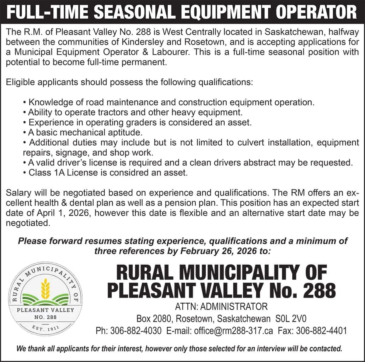 R.M. of Pleasant Valley No. 288 FULL-TIME SEASONAL EQUIPMENT OPERATOR