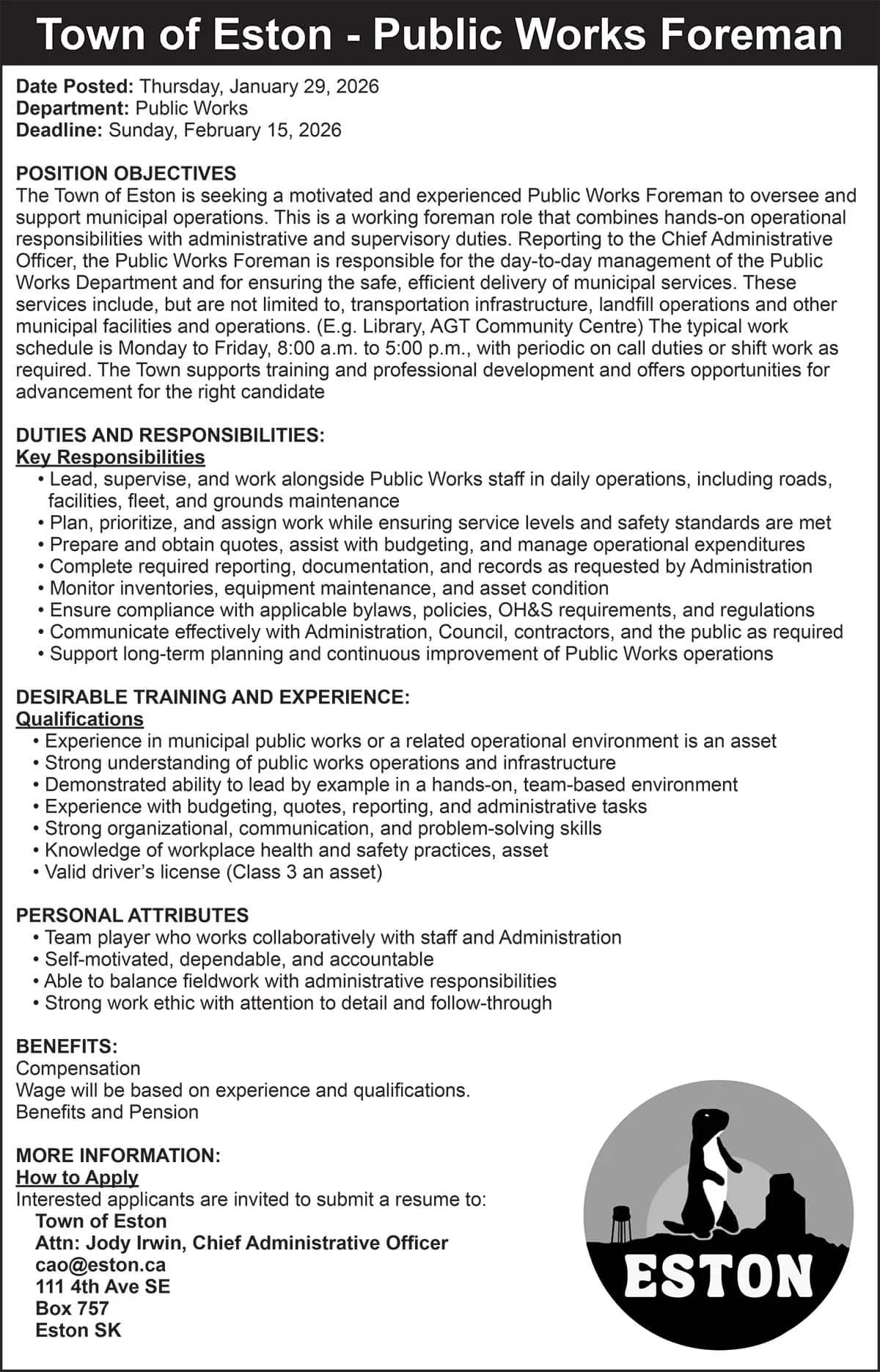 Town of Eston Public Works Foreman