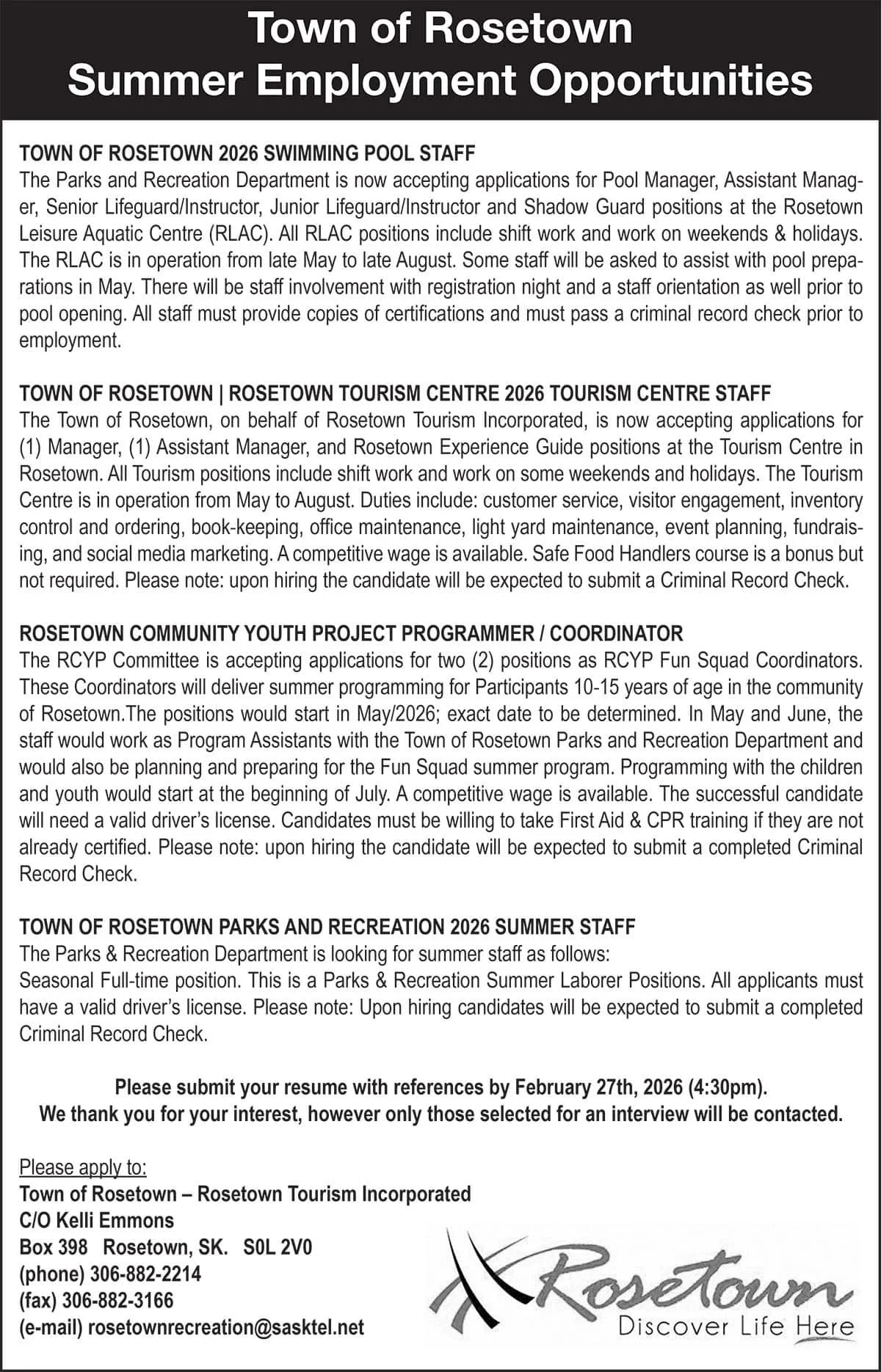 Town of Rosetown Summer Employment Opportunities