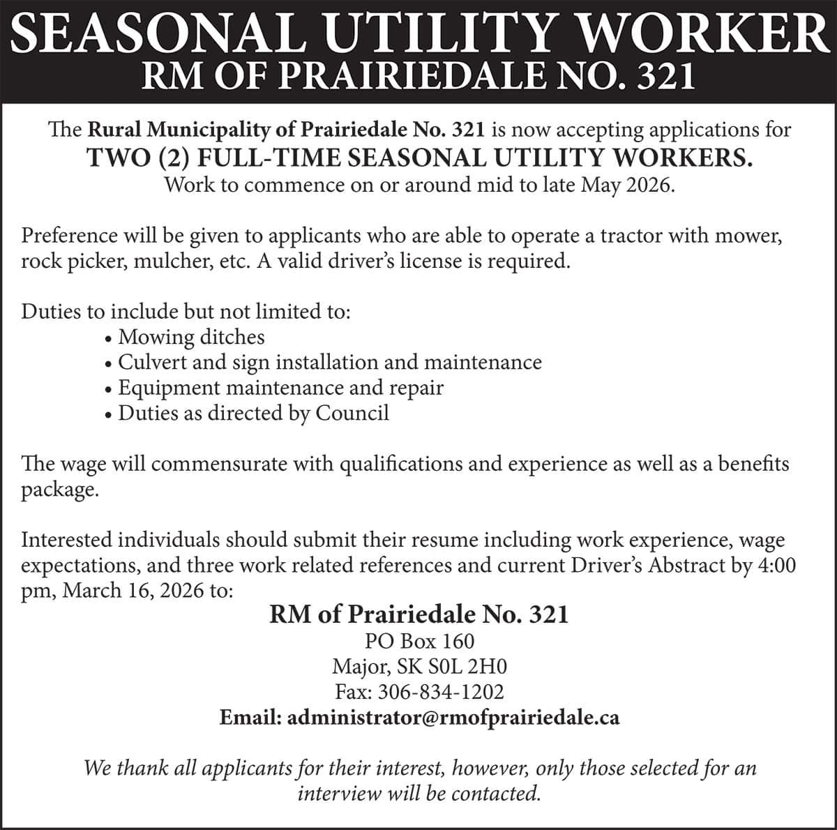 SEASONAL UTILITY WORKER RM OF PRAIRIEDALE NO. 321