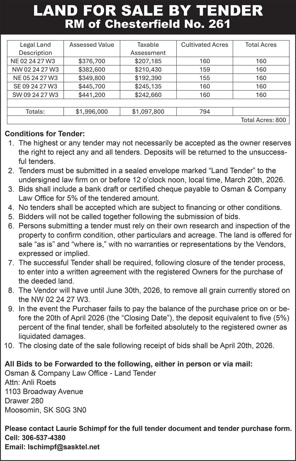 LAND FOR SALE BY TENDER RM of Chesterfield No. 261, Assessed Value: $1,996,000