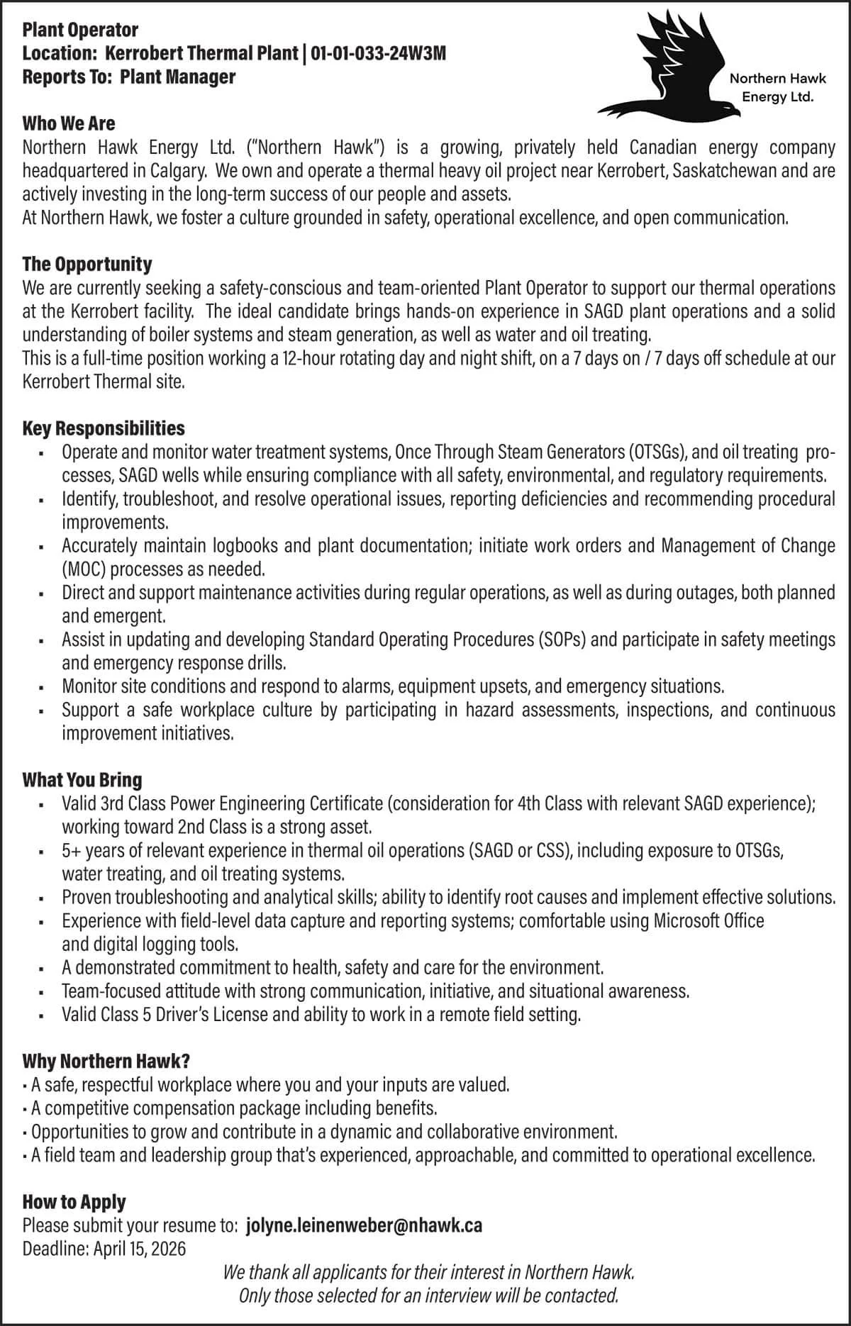 Northern Hawk Energy Plant Operator