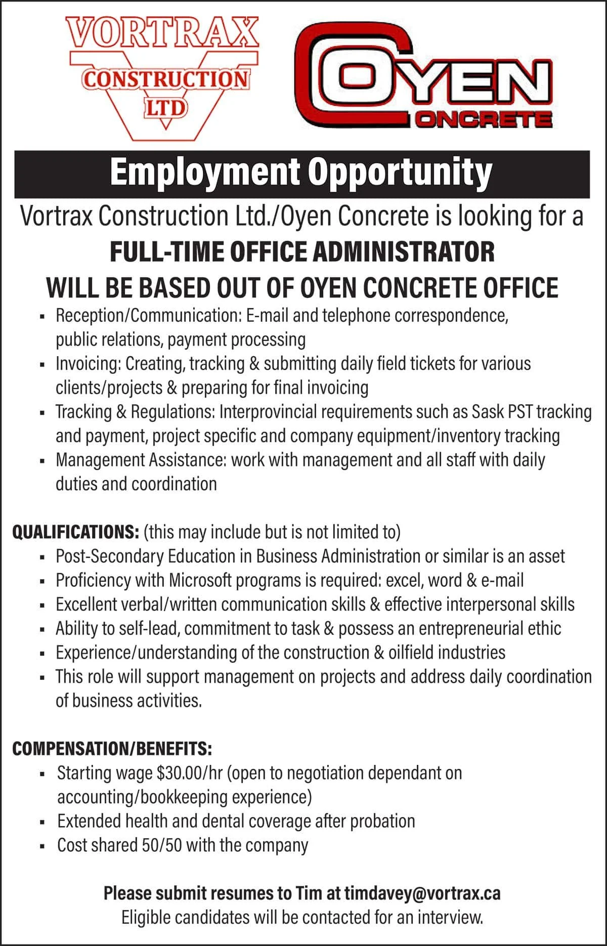 Vortrax Construction / Oyen Concrete Employment Opportunity